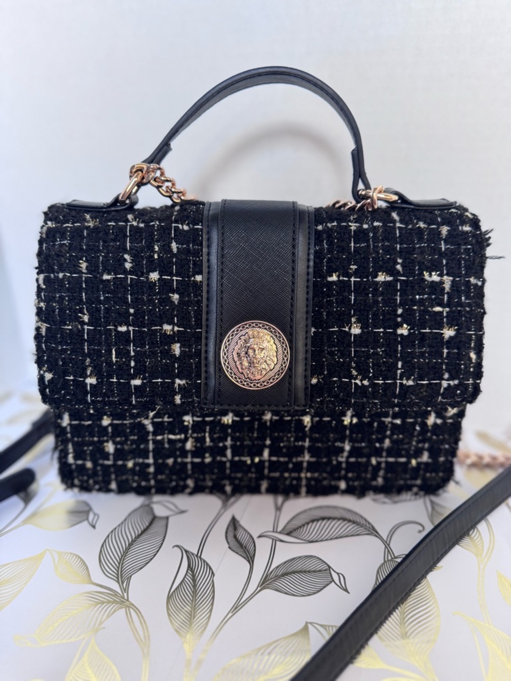 ALDO Black Tweed Top-Handle Bag with Gold Chain Accent - Picture 10 of 11